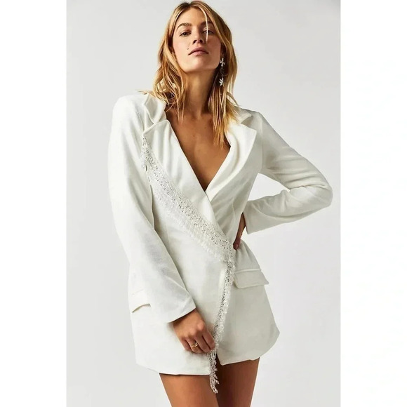 NWT Free People PatBO Velvet Blazer Mini Dress White Beaded Long Sleeve $1000 - Picture 1 of 16